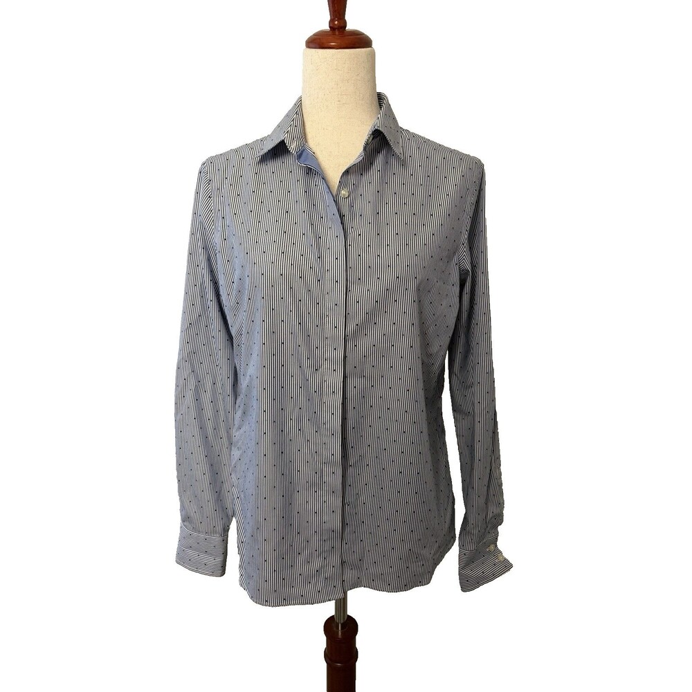 Lands End Women’s 8 Blue White Stripe Dot No Iron Supima Long Sleeve Button Up